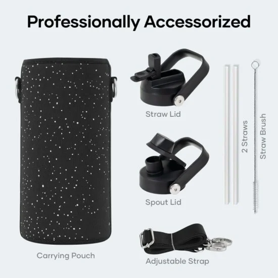 Buzio Duet Series Water Bottle with 2 Lids and Sleeve 1L - Starry Black